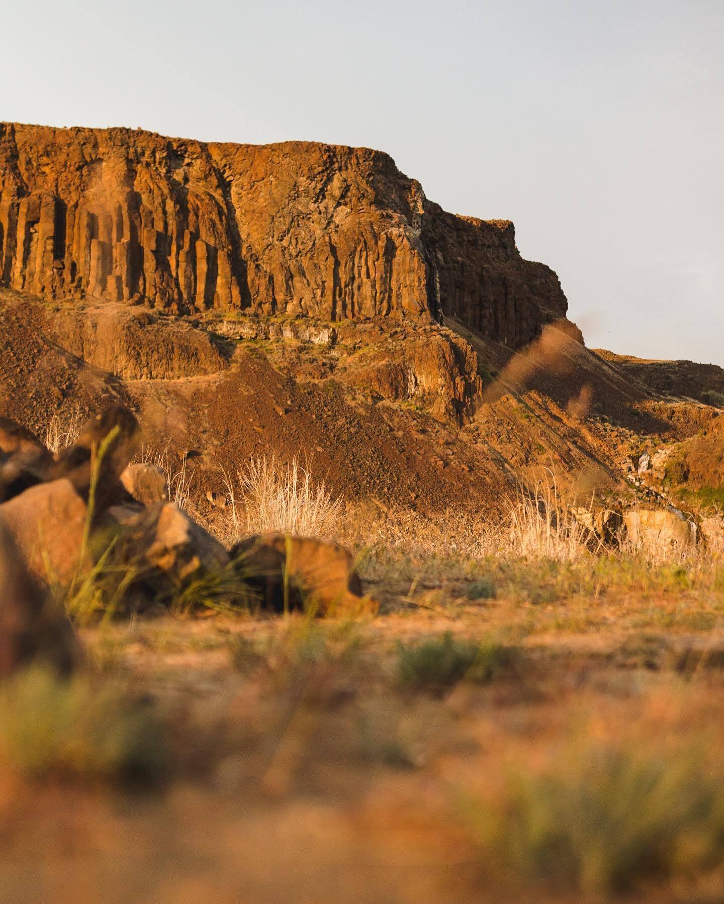 Basalt cliffs above dry grassland at golden hour