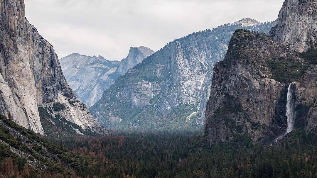Yosemite Valley with Bridalveil Fall in the distance